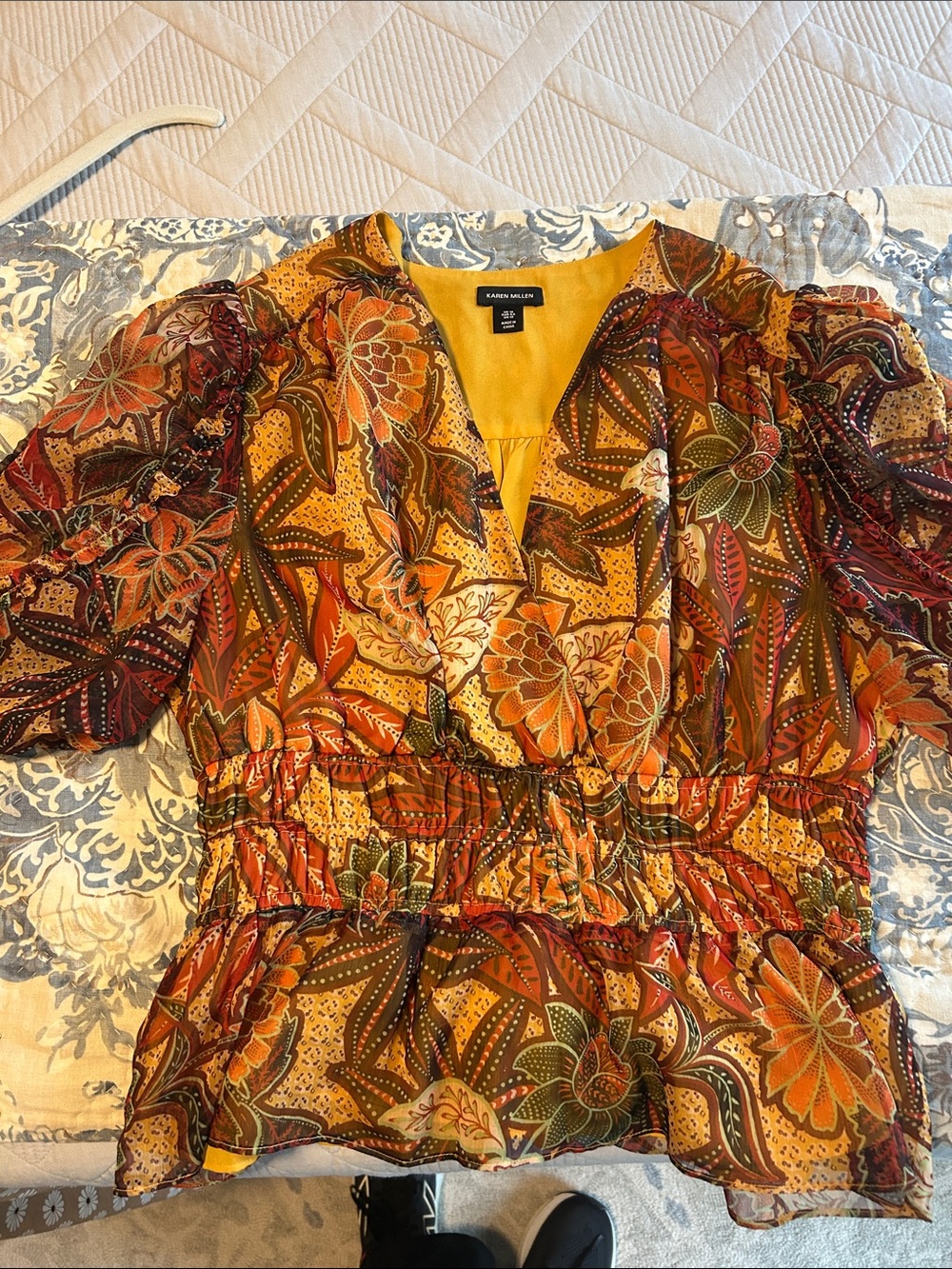 Karen Millen Floral V-Neck Peplum Top - Mustard, Rust, Olive